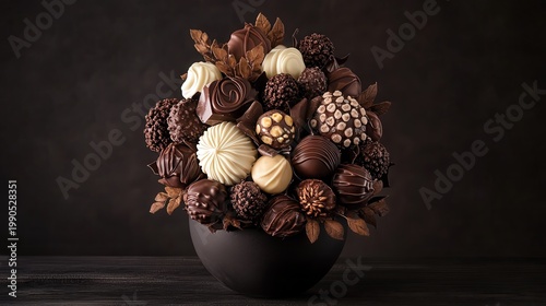 A beautifully arranged bouquet of assorted chocolates in a dark bowl on a wooden table against a dark background.