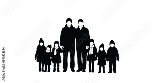 Silhouette vector illustration of two dads standing with six children holding hands on white background