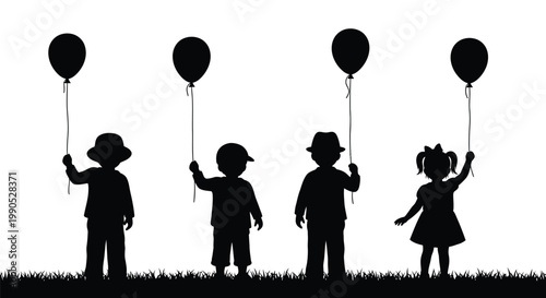 Silhouettes of diverse happy children holding floating balloons in a simple vector graphic on white background