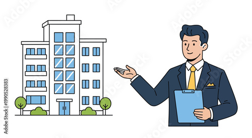 Professional businessman presenting a modern real estate office building in vector graphic on white background
