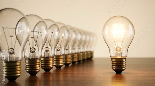 Lampu bohlam klasik berbaris di meja kayu menunjukkan inovasi dan kreativitas dalam teknologi pencahayaan modern