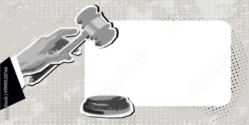 Trendy Halftone Collage Hand strikes judge's gavel with a frame for your text. Verdict. Modern photo collage style. Vector illustration