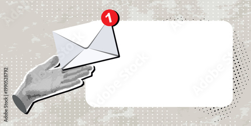 Retro Halftone Collage hand and envelope e-mail list building illustration. With a frame for your text. Vintage halftone dotted effect retro collage cut-out element. Modern photo collage