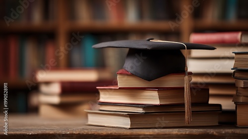 Photorealistic Graduation Cap on Stack of Vintage Books on Rustic Wooden Desk in Cinematic Academic Education Still Life Photography