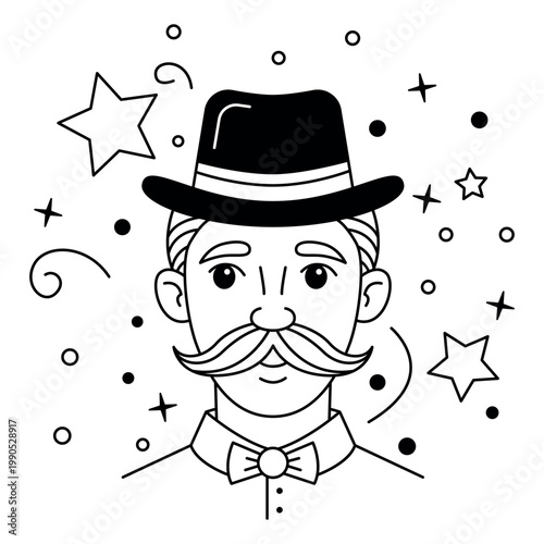 Retro Gentleman With Mustache, Hat and Bow Tie Doodle Style Illustration