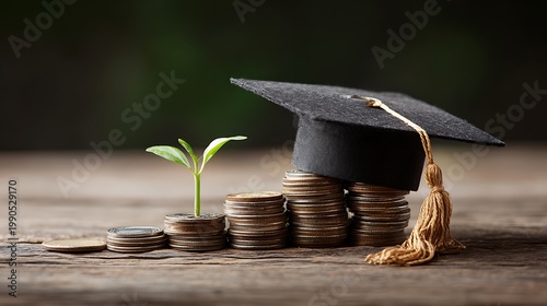 Photorealistic Symbolic Education Investment Concept with Sapling Growing from Gold Coins and Graduation Cap on Wooden Table in Financial Growth Still Life