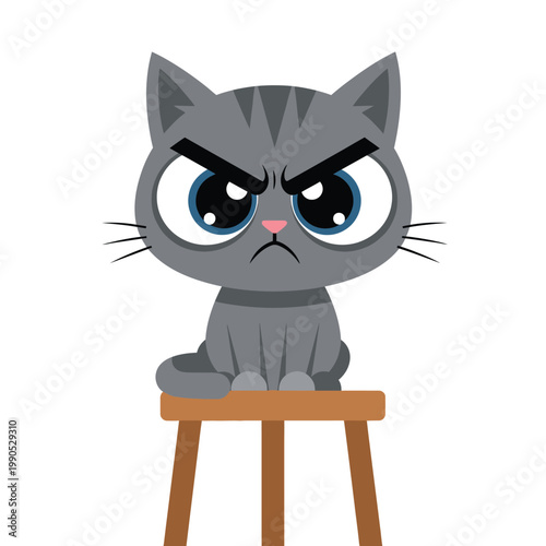 Angry cat, annoyed feline, gray cartoon character, emoticon face