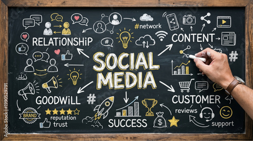 Digital marketing strategy concept with social media network icons content planning analytics growth and customer engagement ideas drawn on chalkboard for business promotion use