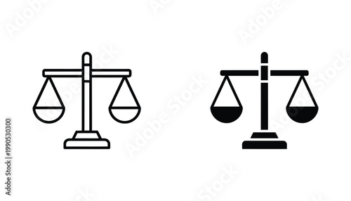 Legal justice balance scale icon in clean line art and solid black silhouette vector style representing equality law and judicial concepts