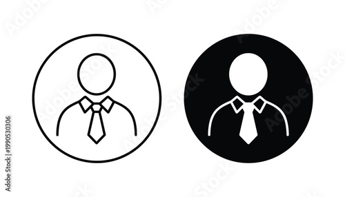Professional business man avatar icon in circle frame with line art and solid black silhouette vector style for corporate user profiles and web identity