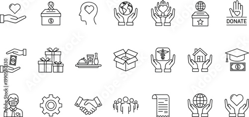 Konstfotografi Charity and Donation Line Icon Set Featuring Philanthropy Symbols, Humanitarian