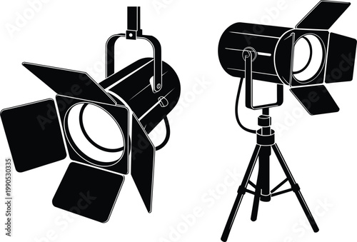 Studio lighting equipment silhouettes with professional spotlights and barn doors for photography setup