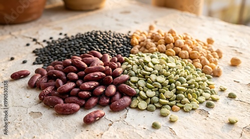 Berbagai macam kacang kering dan biji-bijian organik disusun di atas meja kayu untuk kesehatan dan nutrisi alami