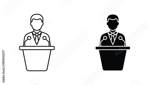 Professional speaker standing behind podium with microphones in line art and solid black vector style for corporate presentation concepts and public speaking events