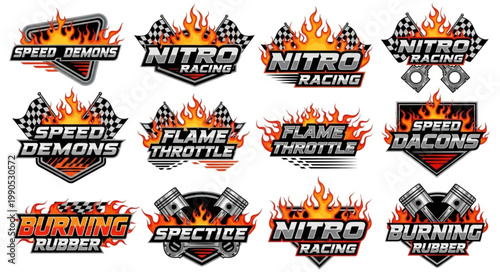 Collection of Racing Emblems with Flames and Checkered Flags.