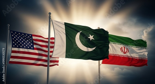 National Flags of United States, Pakistan, and Iran Waving Against a Dramatic Dramatic Stormy Sky with Bursting Sunlight for Global Diplomacy Concept
