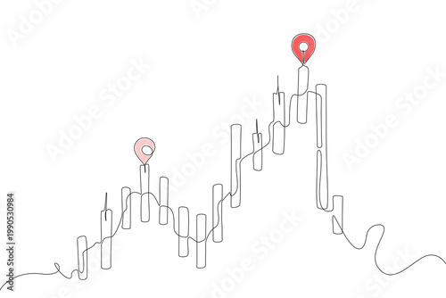 Continuous one line drawing of stock market candlestick chart forming a financial growth path leading to a target goal with location pin on peak, minimal style, vector editable stroke