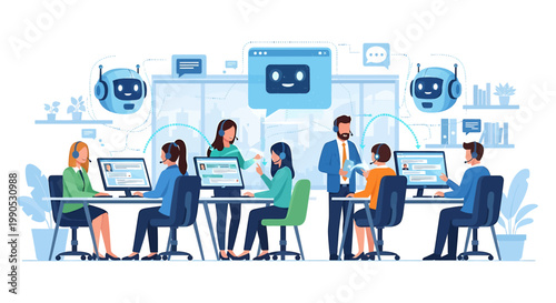 Customer service team assisted by advanced AI chatbots, enhancing communication and efficiency in a modern office environment