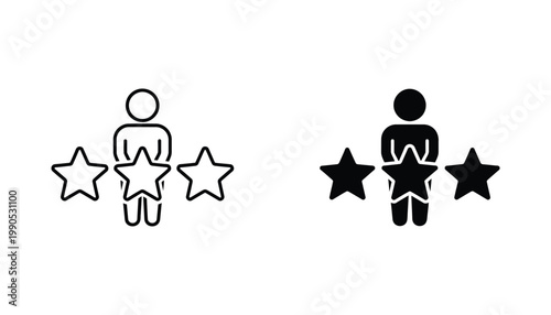 Abstract human figure standing between stars icon set in outline and solid black styles for performance rating and quality feedback design concepts