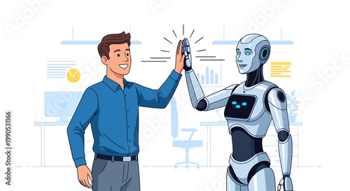 Positive human-robot interaction in a modern office, depicting the future of work, artificial intelligence integration, and collaborative innovation in business