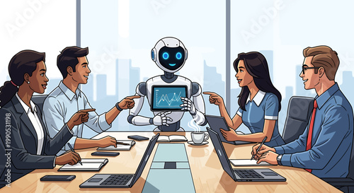 AI robot collaborates with business professionals in a strategic meeting, fostering data-driven insights and innovative solutions for future corporate success