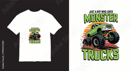 Vector graphic design for t-shirt with monster truck illustration and text.