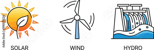 Renewable energy icons featuring solar, wind, and hydro power sources illustrate modern sustainable and clean energy solutions.