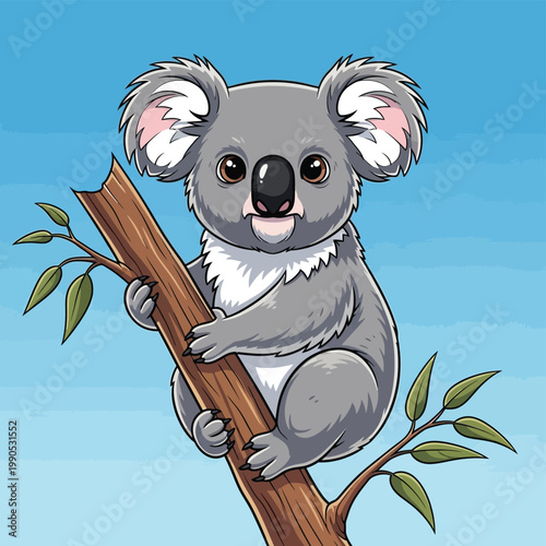 Cute cartoon koala, koala bear, eucalyptus tree, vector illustration, animal character