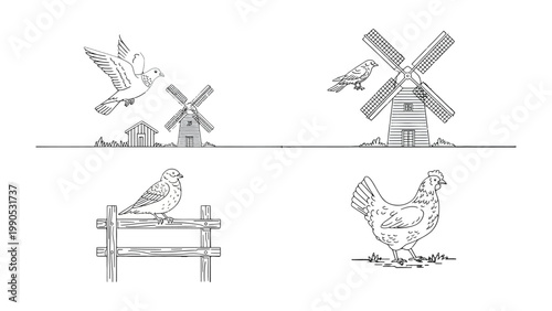 Countryside Sketches: A charming illustration portrays the simplicity of rural life, featuring a windmill, bird, hen and a rustic fence, evoking a sense of tranquility and a deep connection to nature.