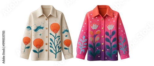Two beautifully designed shirts featuring vibrant floral patterns and colors, displayed against a clean background
