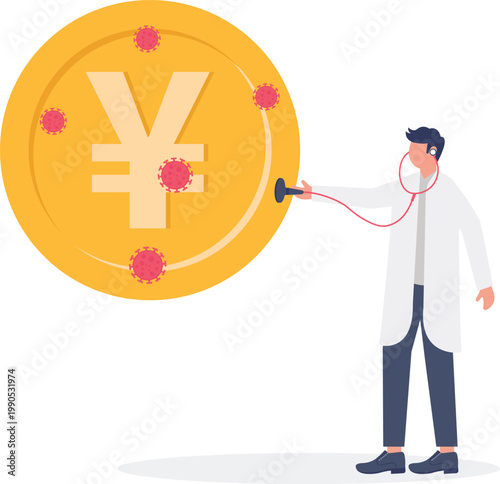 Specialist performing health checkup on Japanese Yen coin