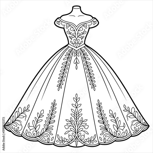 Black and white line of a ball gown with leaf patterns