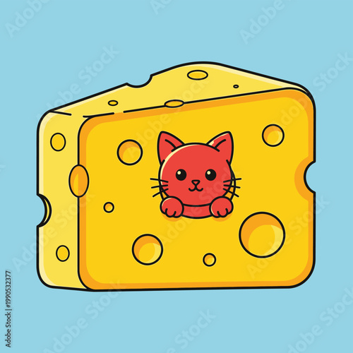 Cute cat in cheese, cartoon illustration, vector icon, food humor