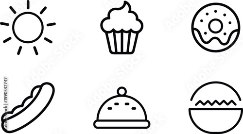 A collection of six simple line art icons depicting common food items and a sun isolated on a transparent background