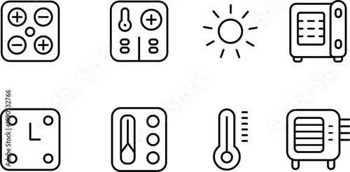 Collection of simple line art icons representing temperature control and energy usage symbols for digital applications