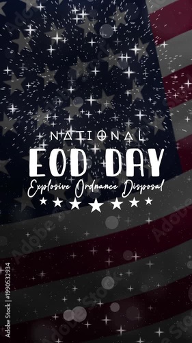 National eod day text animation with waving flag and fireworks. Suitable for patriotic and military themed designs, events, and promotions.
