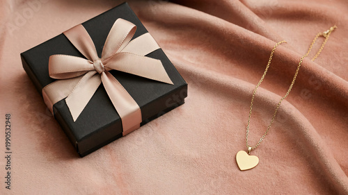 Giftbox with a silk ribbon sits elegantly on a soft velvet fabric surface next to a delicate gold heart pendant necklace, symbolizing romance and thoughtful expressions of affection for loved ones.