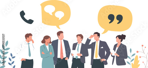 Business people team talking with speech bubbles including phone and message icons in flat vector illustration for corporate communication