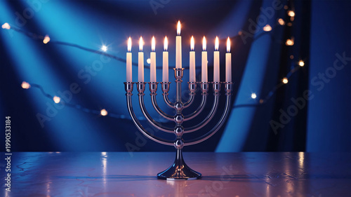 Menorah stands illuminated with glowing candles against a deep blue backdrop, symbolizing the traditions and spiritual light of the Jewish festival of Hanukkah in a peaceful indoor setting.