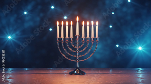 Menorah stands illuminated with glowing candles against a shimmering blue backdrop to celebrate the sacred Jewish festival of Hanukkah while providing a beautiful space for holiday messages.