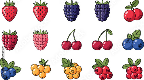 Fresh Organic Berry Icon Set Featuring Strawberry Raspberry Blackberry Blueberry Cherry Cranberry and Cloudberry Illustrations for Food Packaging Health Nutrition and Summer Garden Designs