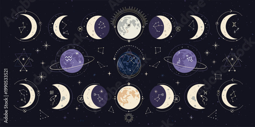 Mystical Astrology Moon Phase and Zodiac Sign Pattern Set with Constellations, Planets, and Stars for Celestial and Spiritual Designs