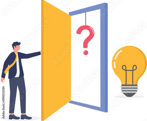 Expert opening door to find answers for question mark