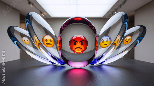 Glass sculpture featuring an angry red emoji center reflects multiple emotional faces in a modern gallery setting, symbolizing complex human temperaments and digital communication challenges today.