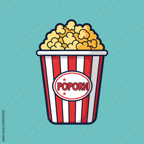 Colorful popcorn in striped bucket.