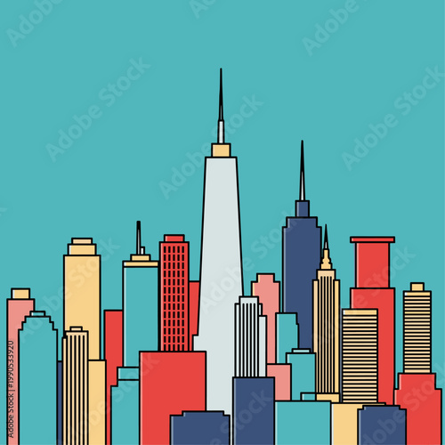 Colorful illustration of city skyscrapers.