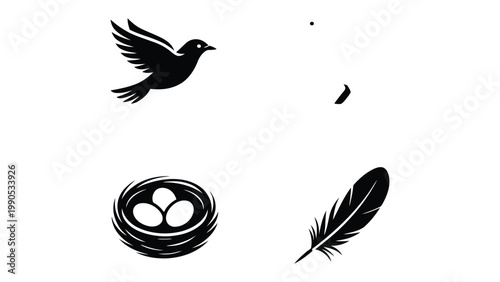 Avian Elements: Bird, Nest, and Feather Silhouettes: A graphic representation showcasing the fundamental elements of avian life, a soaring bird, a cozy nest containing eggs, and a delicate feather.