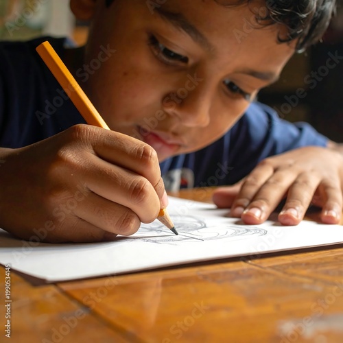 A young boy intently drawing with a pencil on paper