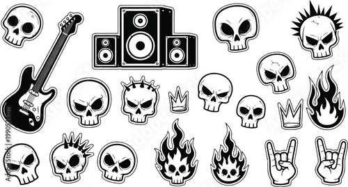Rock and roll sticker set with skulls electric guitar and audio speakers.
