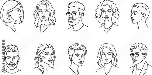 Diverse collection of line art portraits a series of minimalist head sketches showcasing various hairstyles and facial features